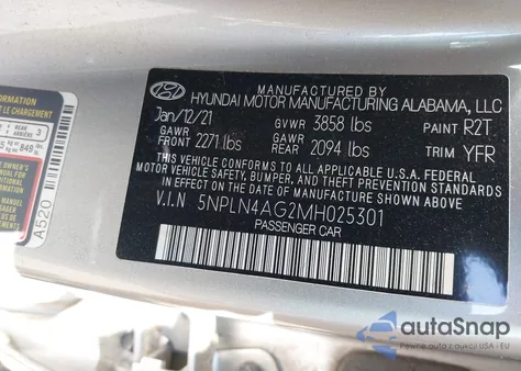 2021 Hyundai Elantra Sel z USA, uszkodzony, nr VIN 5NPLN4AG2MH025301